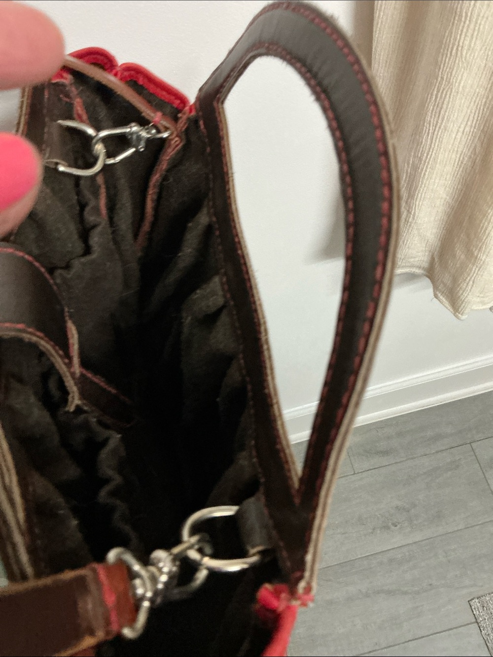 Henry Cuir Red Leather Tote with Dark Brown Trim, EUC - Picture 3 of 4